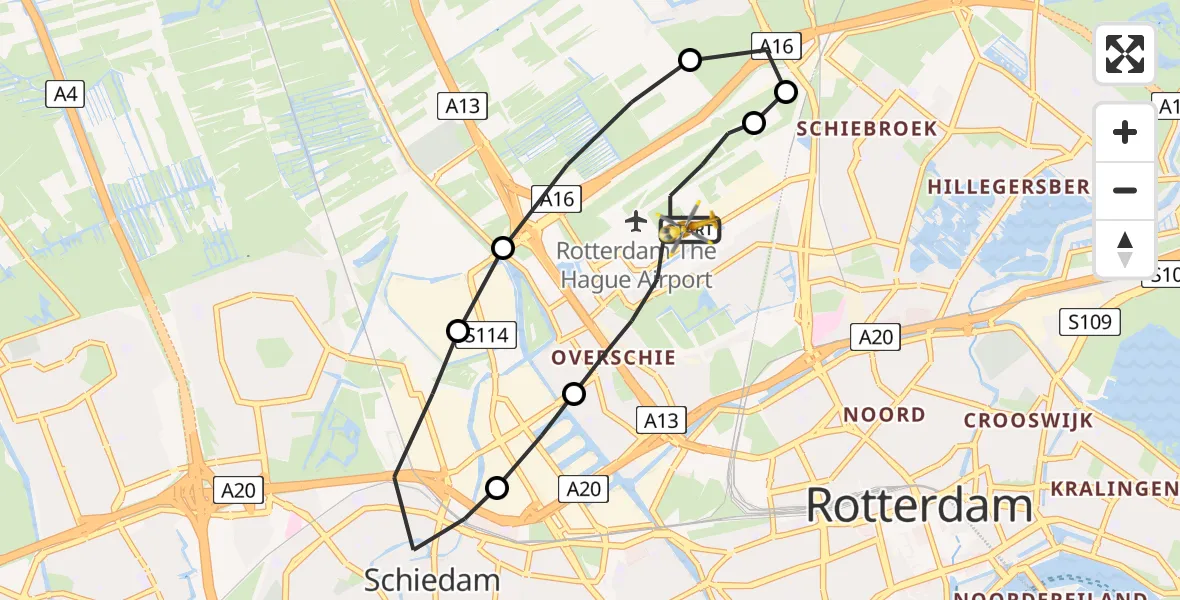 Vluchtroute Traumahelikopter Rotterdam The Hague Airport - Rotterdam The Hague Airport, 07 oktober 2023, 20:00