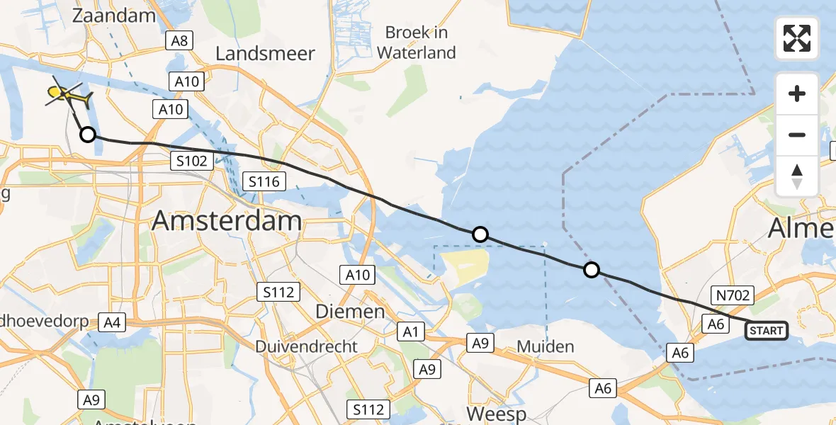 Routekaart van de vlucht: Lifeliner 1 naar Amsterdam Heliport