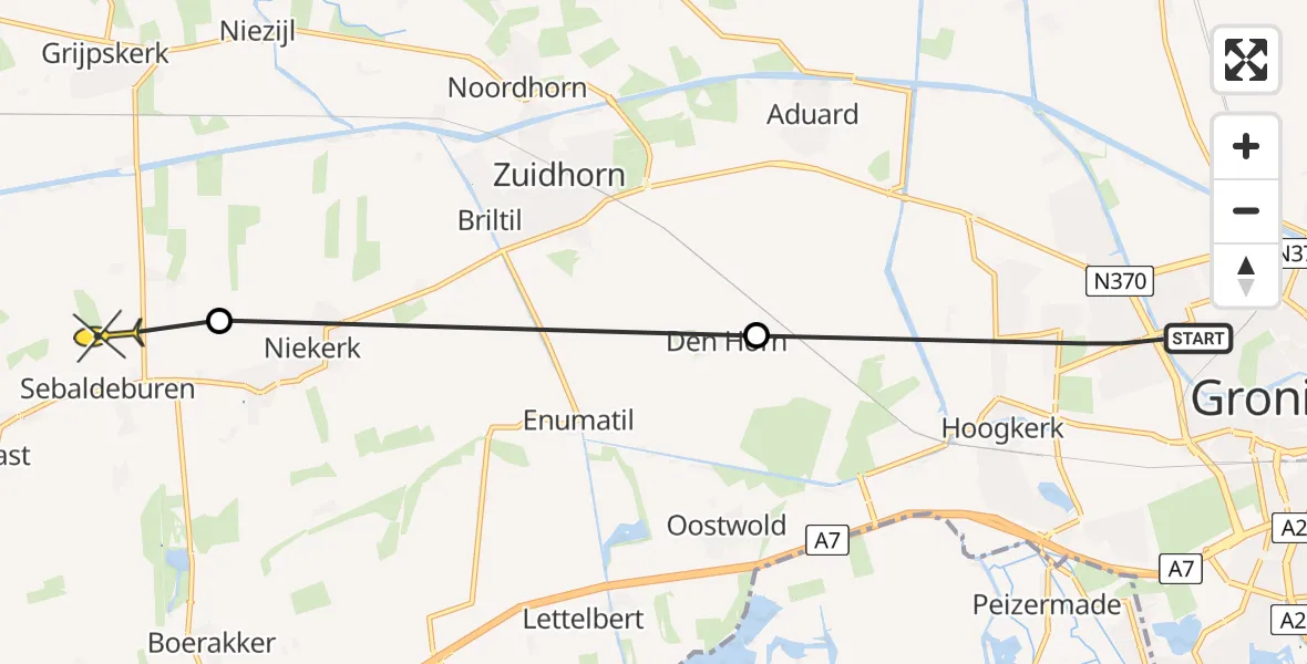 Routekaart van de vlucht: Ambulancehelikopter naar Sebaldeburen