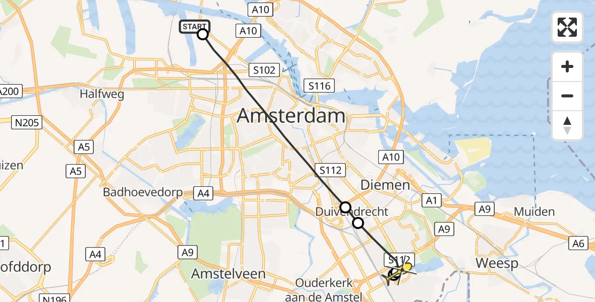 Routekaart van de vlucht: Lifeliner 1 naar Amsterdam