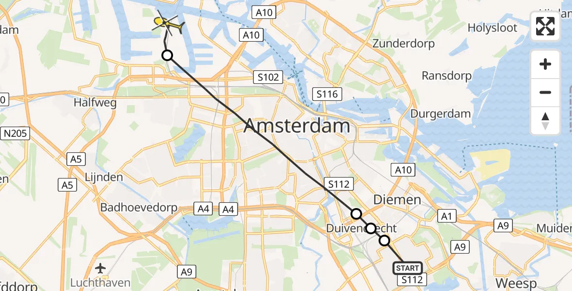 Routekaart van de vlucht: Lifeliner 1 naar Amsterdam Heliport