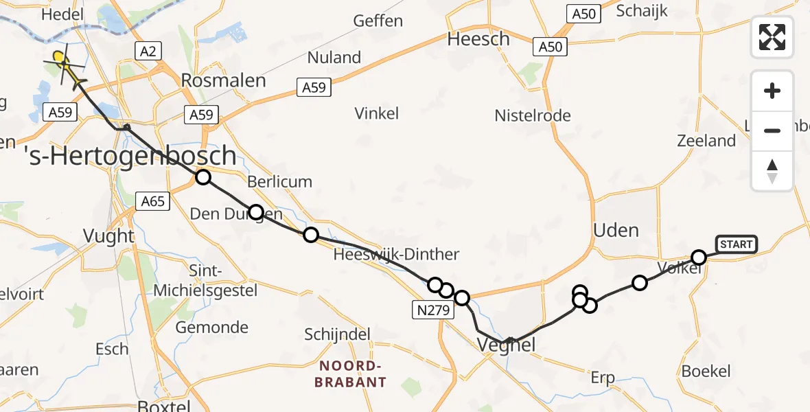 Routekaart van de vlucht: Politiehelikopter naar 's-Hertogenbosch