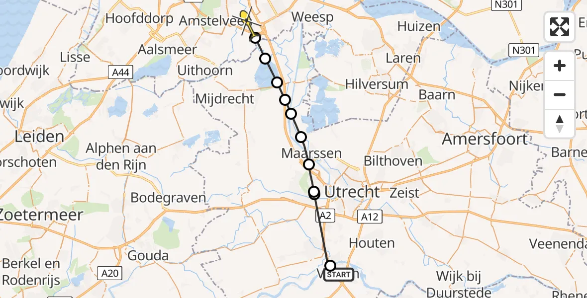 Routekaart van de vlucht: Politieheli naar Ouderkerk aan de Amstel