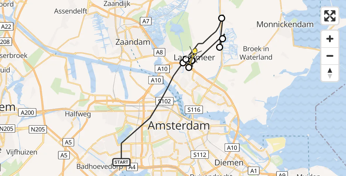 Routekaart van de vlucht: Politieheli naar Landsmeer