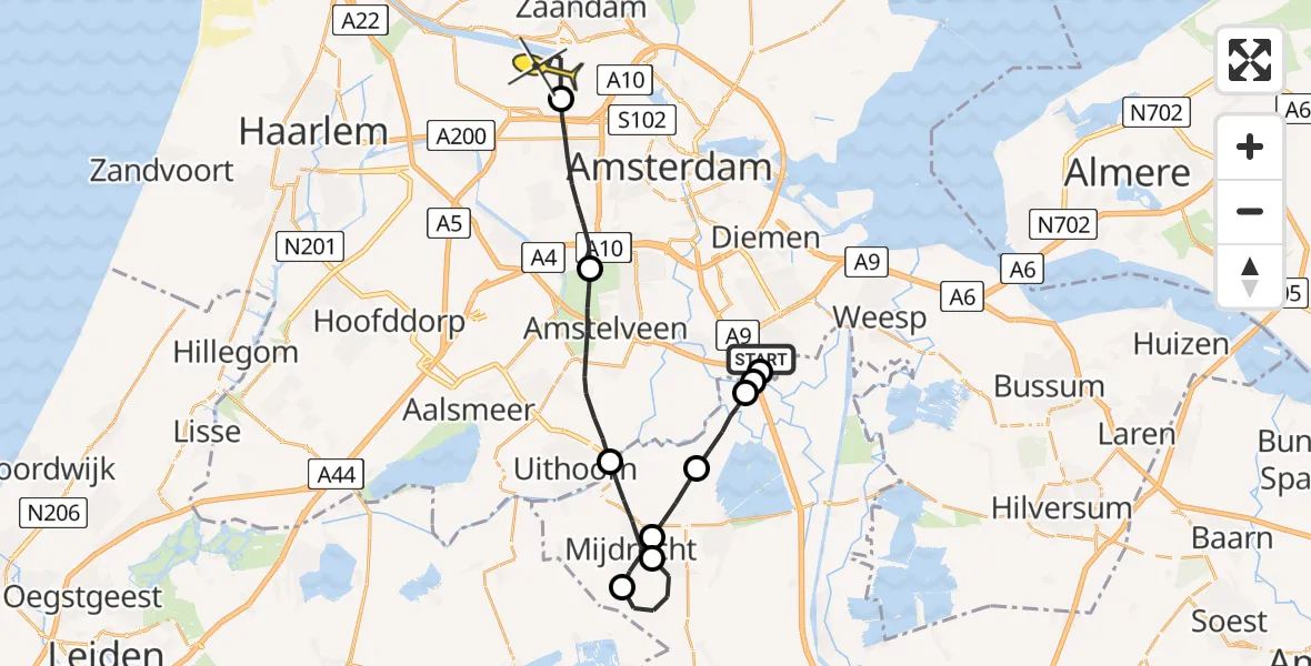 Routekaart van de vlucht: Lifeliner 1 naar Amsterdam Heliport