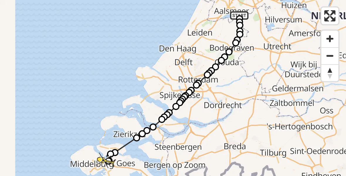 Routekaart van de vlucht: Politieheli naar Vliegveld Midden-Zeeland
