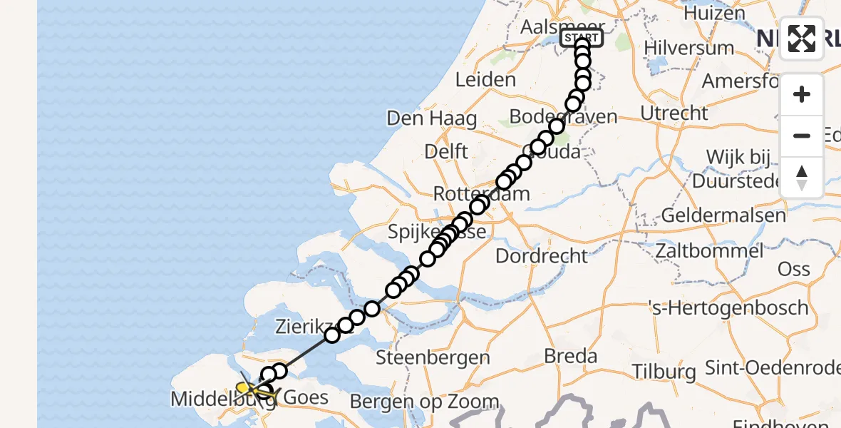 Routekaart van de vlucht: Politiehelikopter naar Vliegveld Midden-Zeeland
