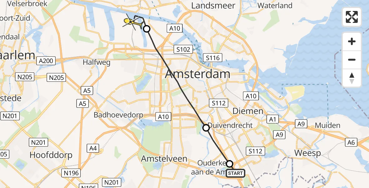 Routekaart van de vlucht: Lifeliner 1 naar Amsterdam Heliport