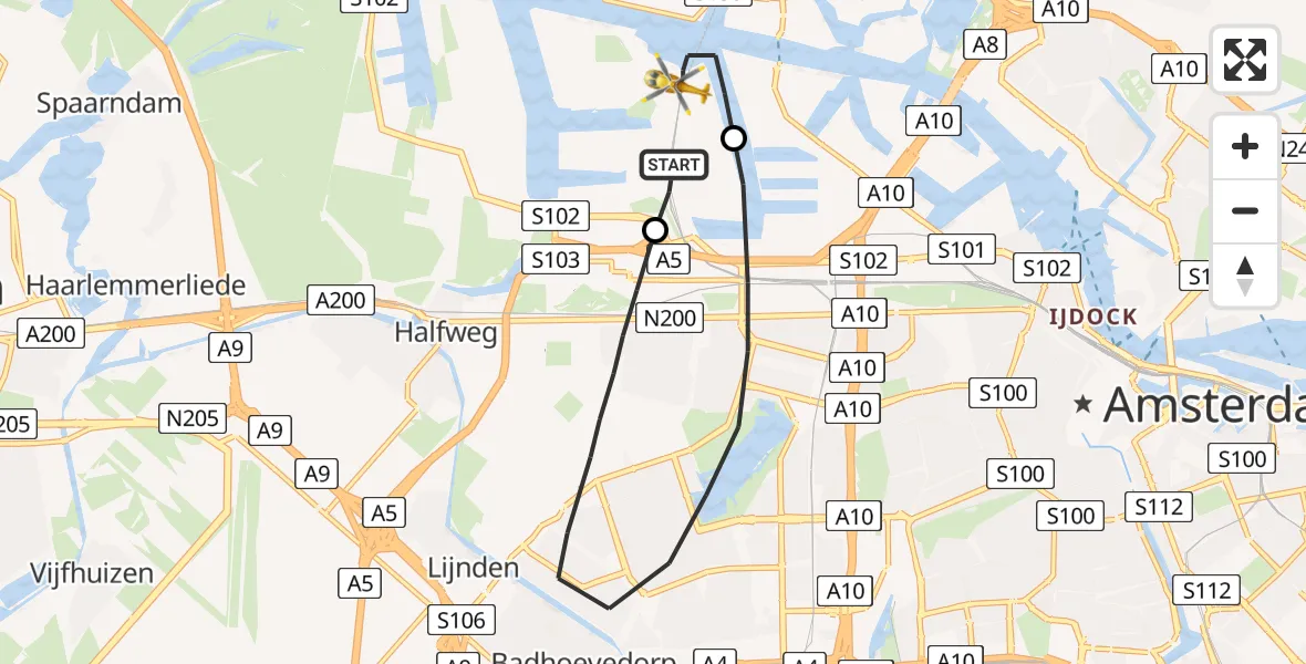 Vluchtroute Traumahelikopter Amsterdam Heliport - Amsterdam Heliport, 08 oktober 2023, 19:30
