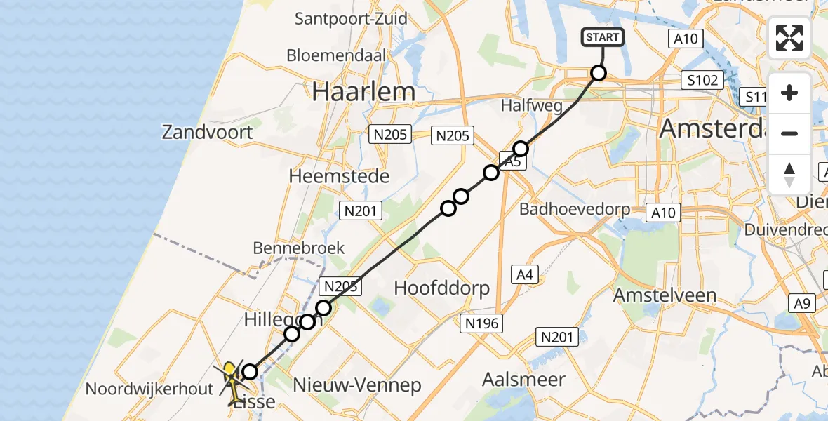 Routekaart van de vlucht: Lifeliner 1 naar Lisse