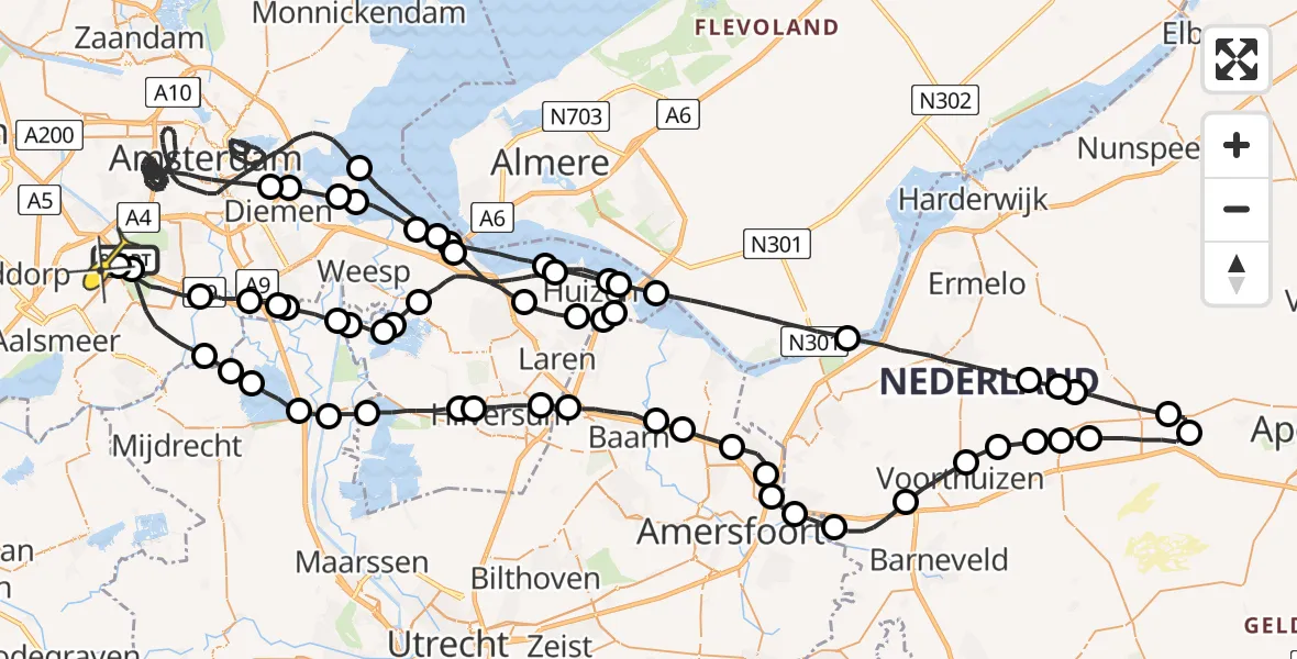 Routekaart van de vlucht: Politieheli naar Schiphol