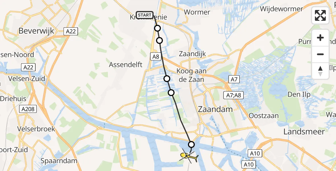 Routekaart van de vlucht: Lifeliner 1 naar Amsterdam Heliport