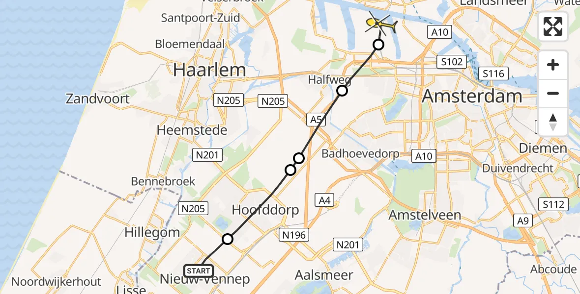 Routekaart van de vlucht: Lifeliner 1 naar Amsterdam Heliport