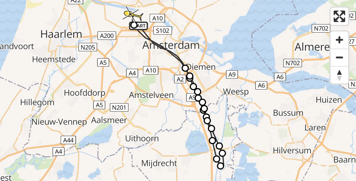 Routekaart van de vlucht: Lifeliner 1 naar Amsterdam Heliport