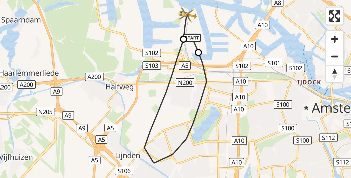 Vluchtroute Traumahelikopter Amsterdam Heliport - Amsterdam Heliport, 09 oktober 2023, 14:03