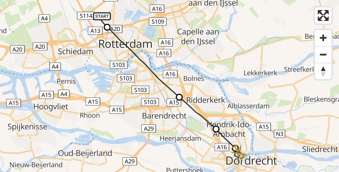 Vluchtroute Traumahelikopter Rotterdam The Hague Airport - Zwijndrecht, 10 oktober 2023, 06:58