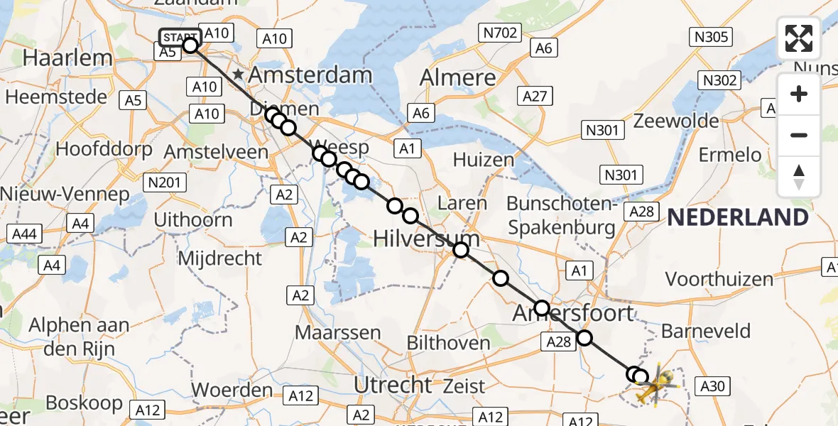 Vluchtroute Traumahelikopter Amsterdam Heliport - Scherpenzeel, 10 oktober 2023, 07:06