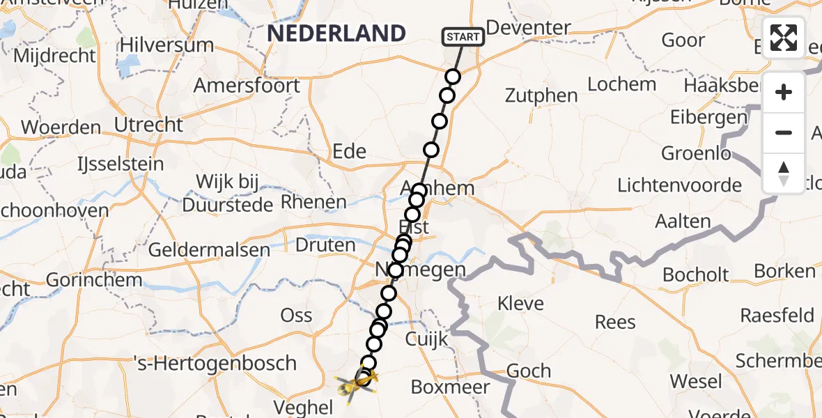 Vluchtroute Traumahelikopter Apeldoorn - Vliegbasis Volkel, 10 oktober 2023, 07:33