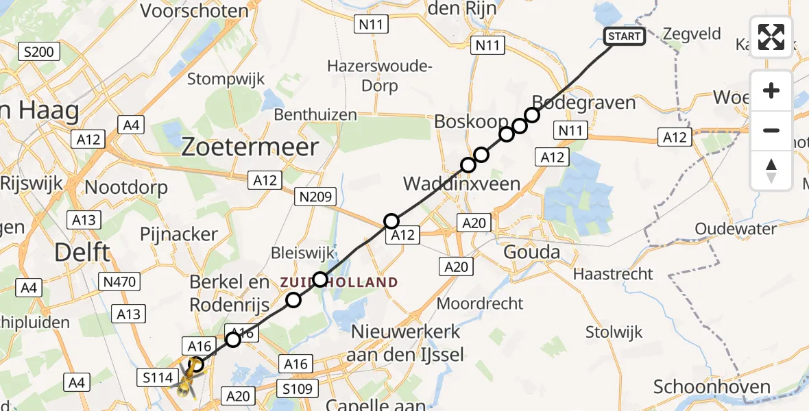 Vluchtroute Traumahelikopter Bodegraven - Rotterdam The Hague Airport, 10 oktober 2023, 07:53