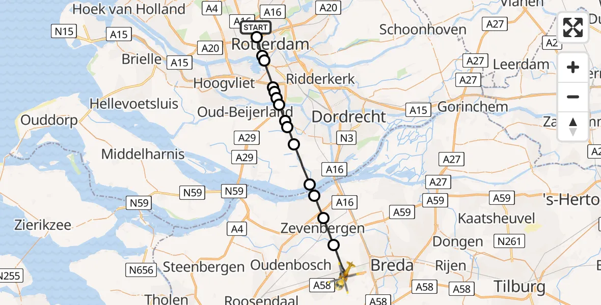 Vluchtroute Traumahelikopter Rotterdam The Hague Airport - Etten-Leur, 10 oktober 2023, 08:20
