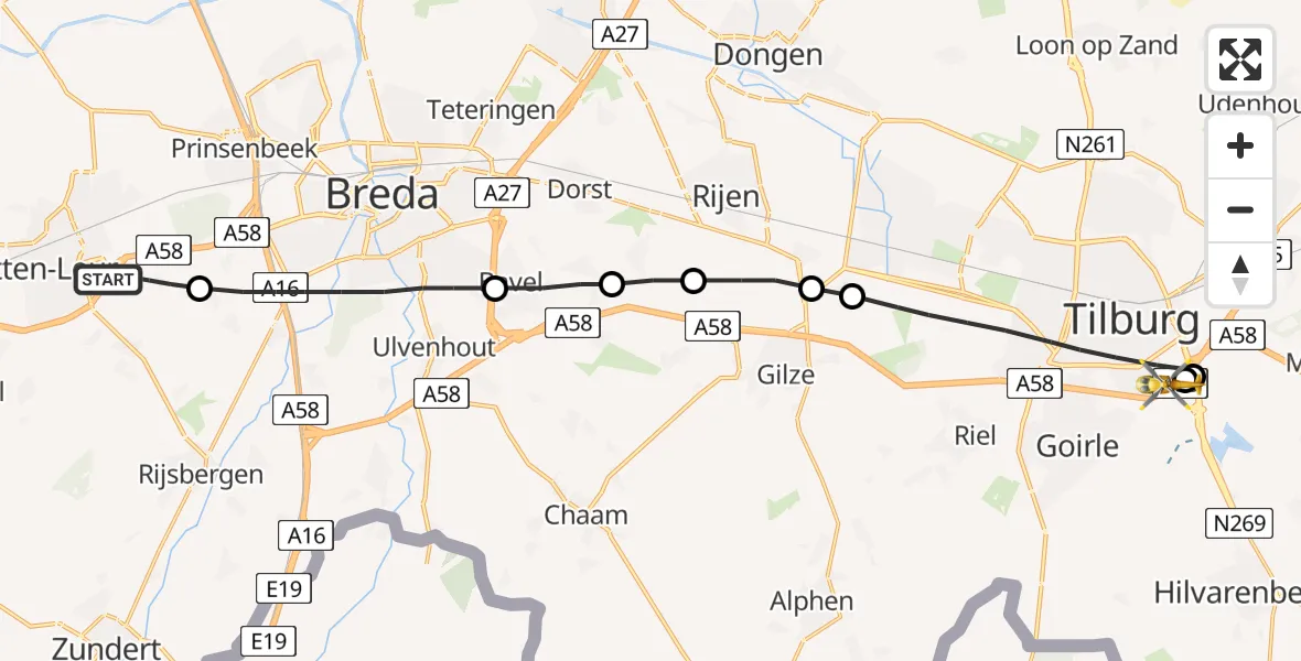 Vluchtroute Traumahelikopter Etten-Leur - Tilburg, 10 oktober 2023, 08:49