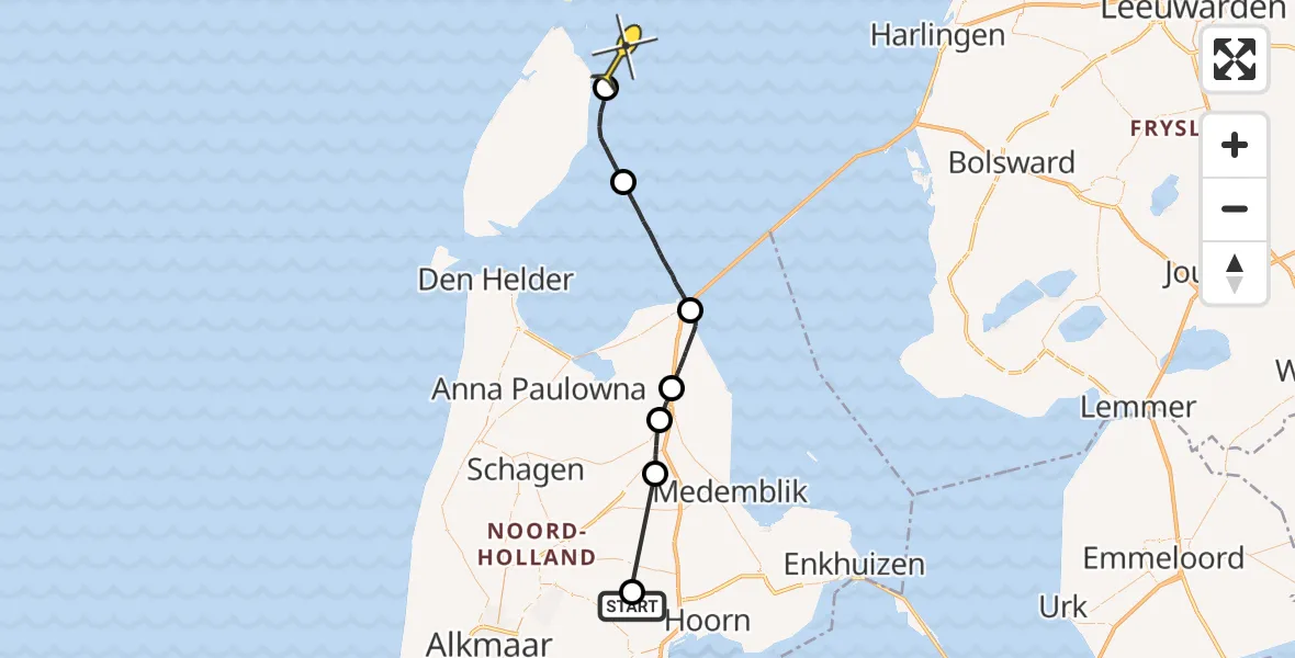 Routekaart van de vlucht: Politiehelikopter naar De Cocksdorp