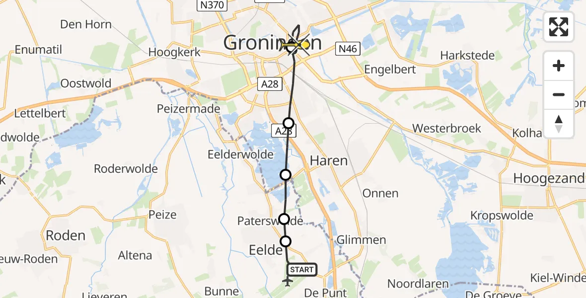 Routekaart van de vlucht: Lifeliner 4 naar Universitair Medisch Centrum Groningen