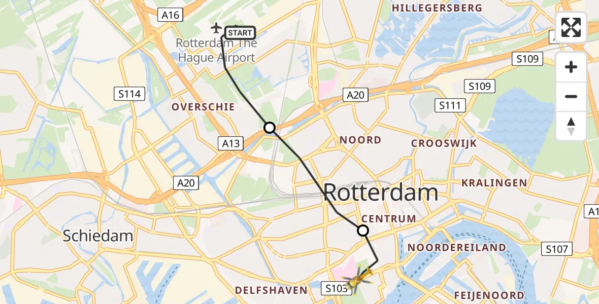 Vluchtroute Traumahelikopter Rotterdam The Hague Airport - Erasmus MC, 10 oktober 2023, 09:31