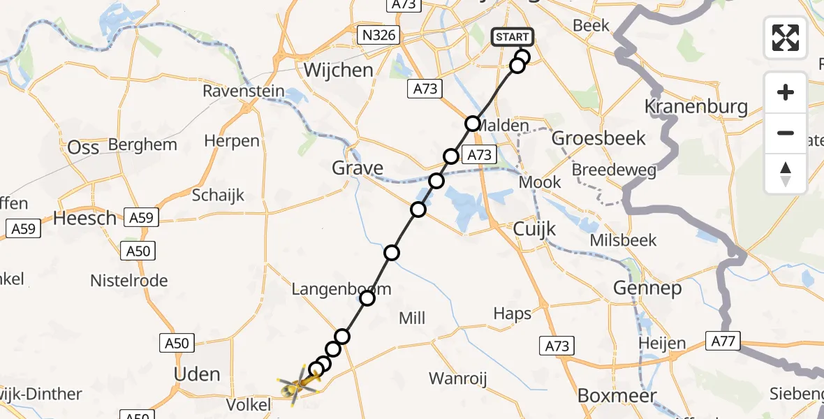 Vluchtroute Traumahelikopter Radboud Universitair Medisch Centrum - Vliegbasis Volkel, 10 oktober 2023, 10:40