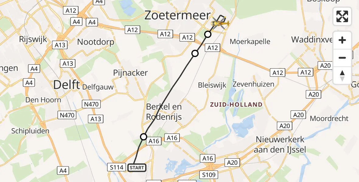 Vluchtroute Traumahelikopter Rotterdam The Hague Airport - Zoetermeer, 10 oktober 2023, 10:59