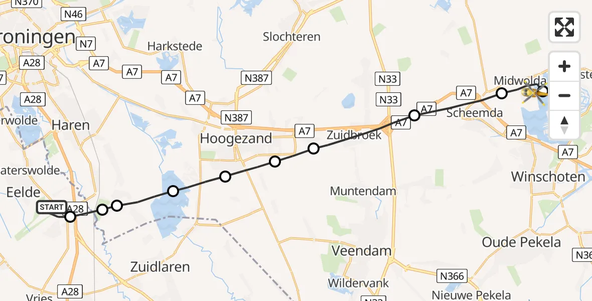 Vluchtroute Traumahelikopter Groningen Airport Eelde - Midwolda, 10 oktober 2023, 11:15