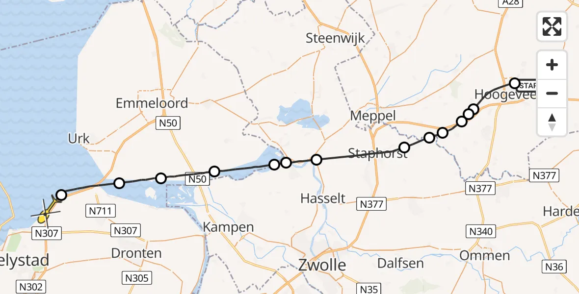 Routekaart van de vlucht: Politieheli naar Lelystad