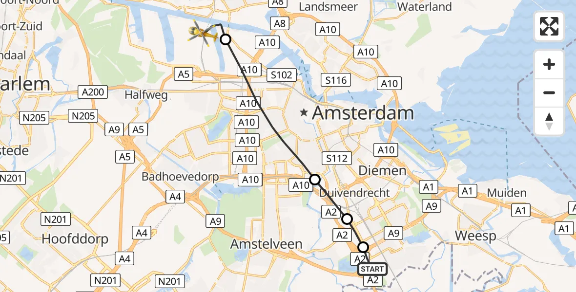 Vluchtroute Traumahelikopter Academisch Medisch Centrum (AMC) - Amsterdam Heliport, 10 oktober 2023, 11:48