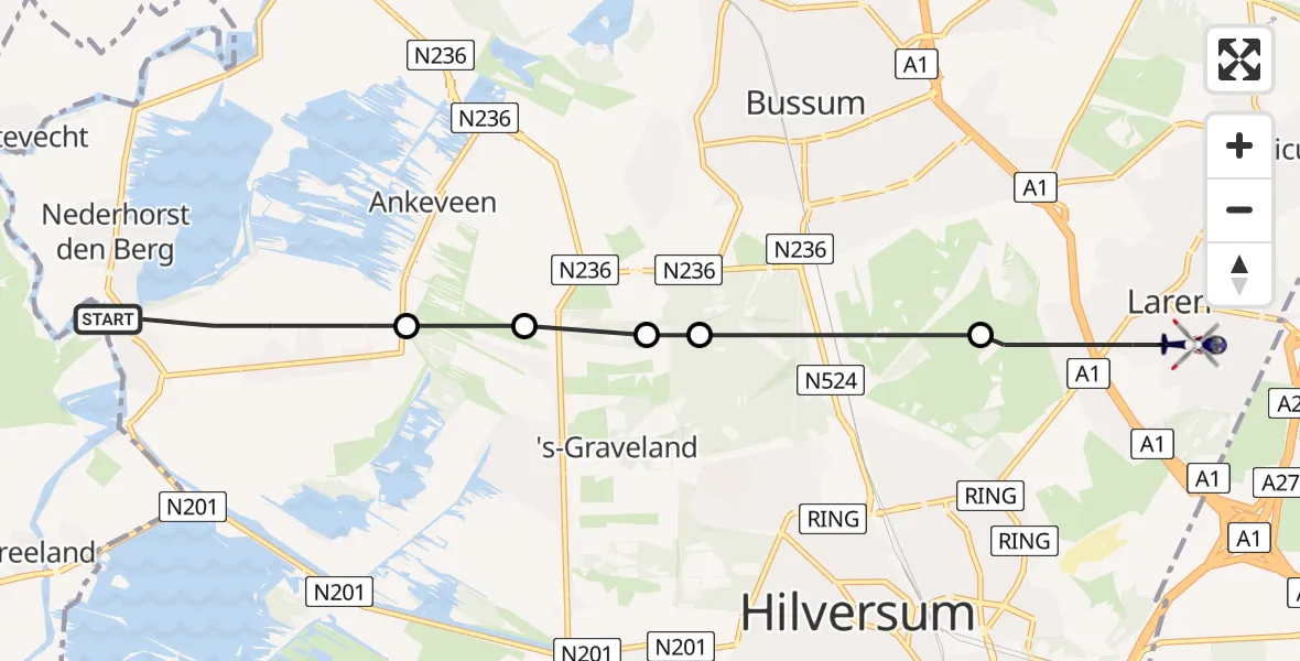 Vluchtroute Politiehelikopter Nederhorst den Berg - Laren, 10 oktober 2023, 14:02