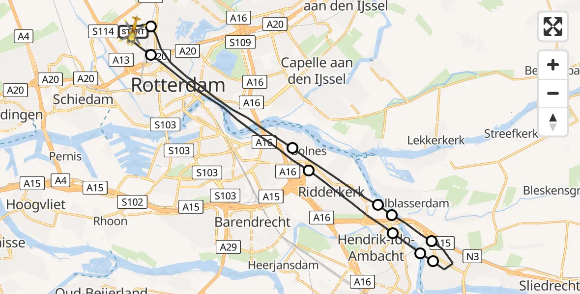 Vluchtroute Traumahelikopter Rotterdam The Hague Airport - Rotterdam The Hague Airport, 10 oktober 2023, 15:23