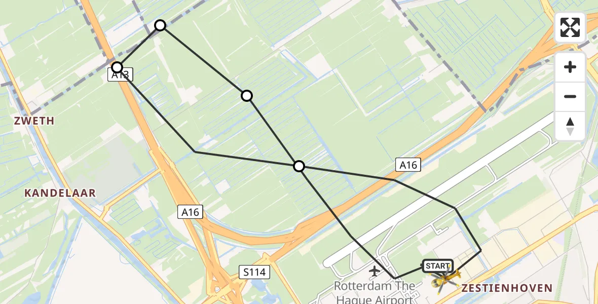 Vluchtroute Traumahelikopter Rotterdam The Hague Airport - Rotterdam The Hague Airport, 10 oktober 2023, 16:13