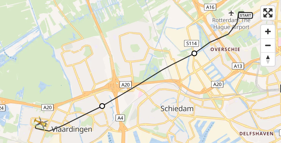 Vluchtroute Traumahelikopter Rotterdam The Hague Airport - Vlaardingen, 10 oktober 2023, 16:51
