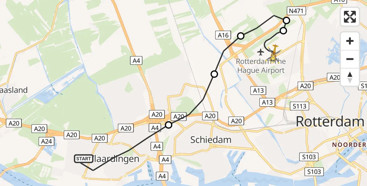 Vluchtroute Traumahelikopter Vlaardingen - Rotterdam The Hague Airport, 10 oktober 2023, 17:12
