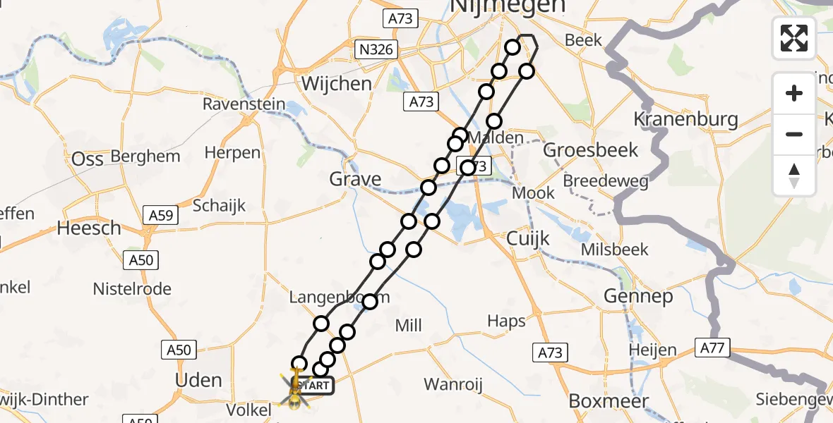 Vluchtroute Traumahelikopter Vliegbasis Volkel - Vliegbasis Volkel, 10 oktober 2023, 19:39