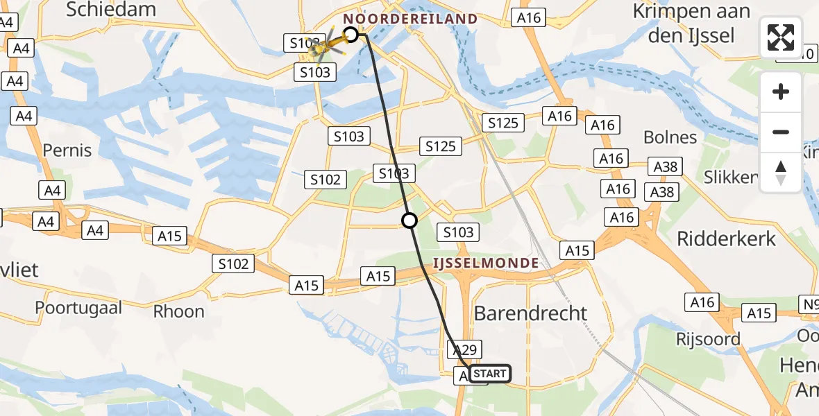 Vluchtroute Traumahelikopter Barendrecht - Erasmus MC, 10 oktober 2023, 19:41