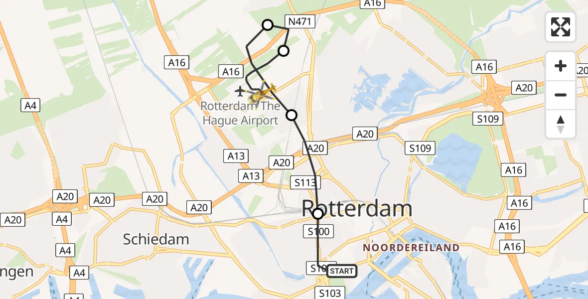 Vluchtroute Traumahelikopter Erasmus MC - Rotterdam The Hague Airport, 10 oktober 2023, 20:13
