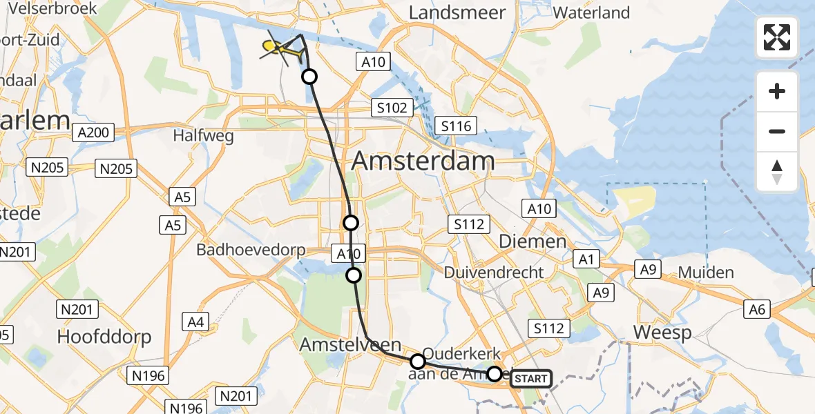 Routekaart van de vlucht: Lifeliner 1 naar Amsterdam Heliport