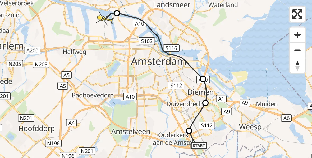 Routekaart van de vlucht: Lifeliner 1 naar Amsterdam Heliport