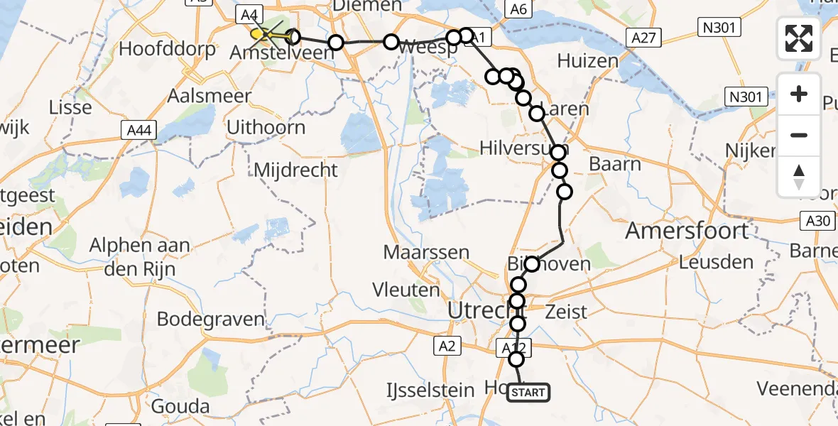 Routekaart van de vlucht: Politiehelikopter naar Amstelveen