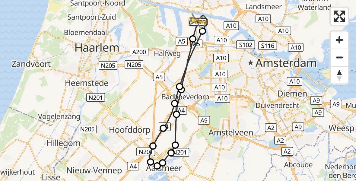 Vluchtroute Traumahelikopter Amsterdam Heliport - Amsterdam Heliport, 11 oktober 2023, 19:22