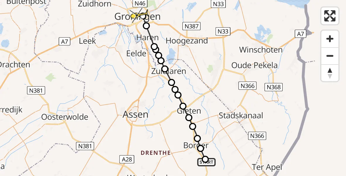 Routekaart van de vlucht: Lifeliner 4 naar Universitair Medisch Centrum Groningen