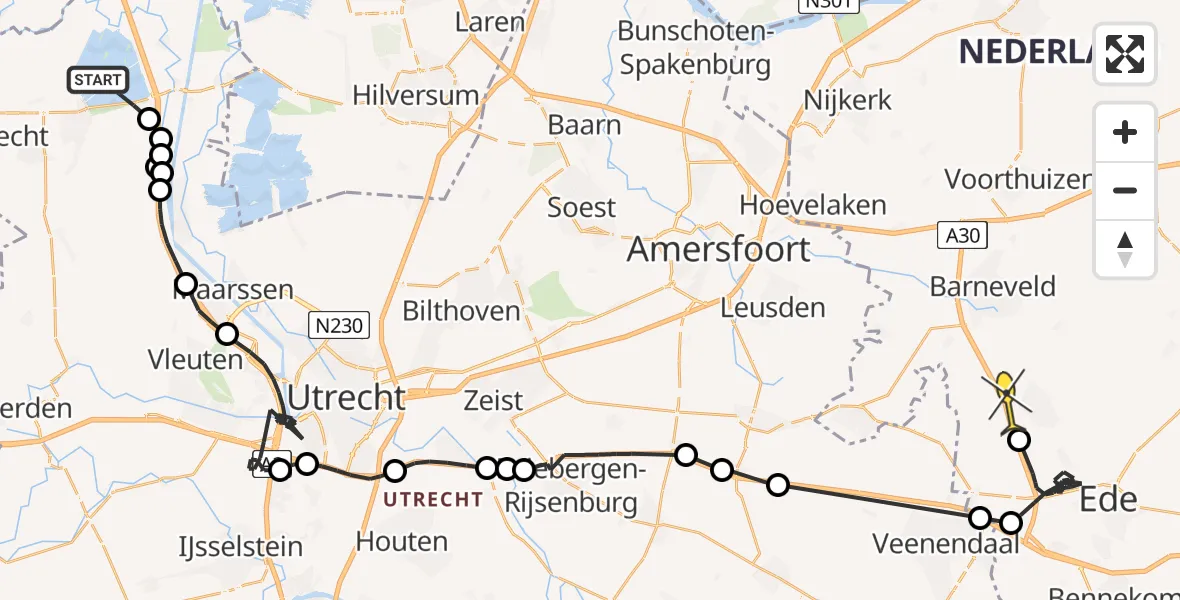 Routekaart van de vlucht: Politiehelikopter naar Lunteren