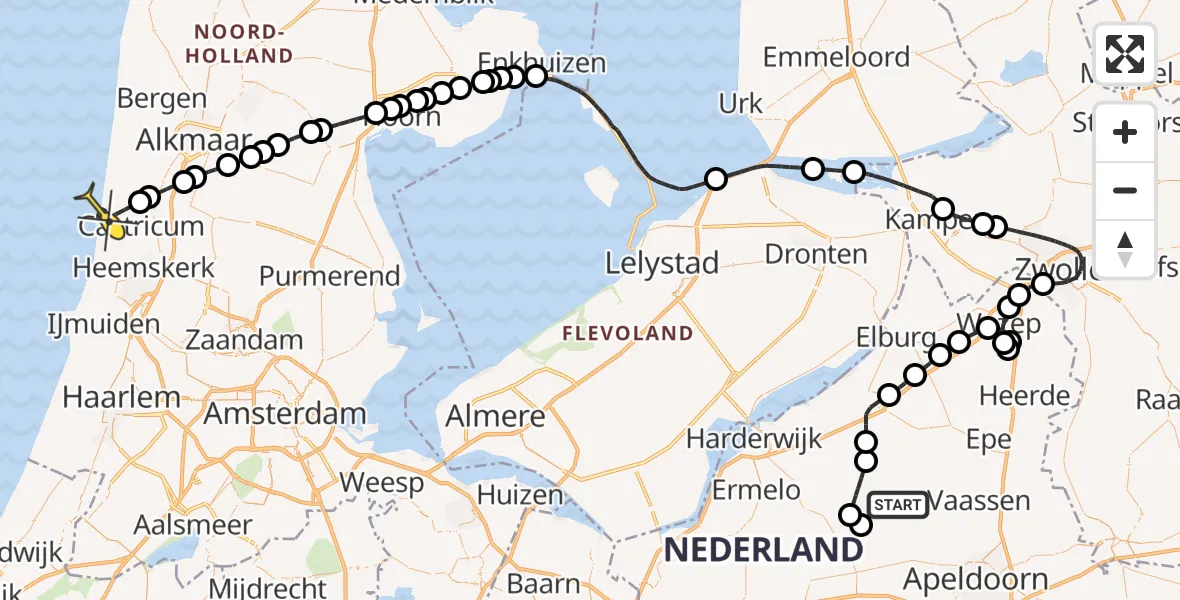Routekaart van de vlucht: Politiehelikopter naar Castricum