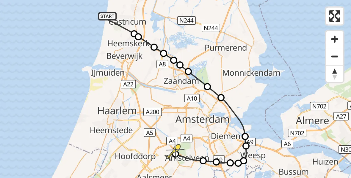 Routekaart van de vlucht: Politiehelikopter naar Schiphol