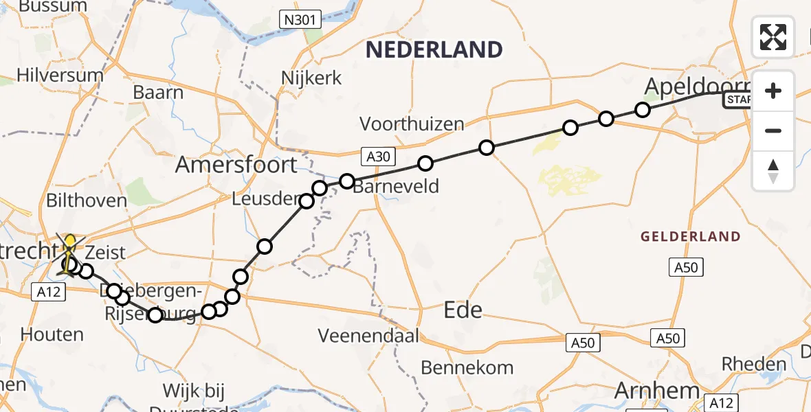 Routekaart van de vlucht: Lifeliner 3 naar Universitair Medisch Centrum Utrecht